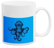 White ceramic mug with bright blue background featuring black octopus silhouette design