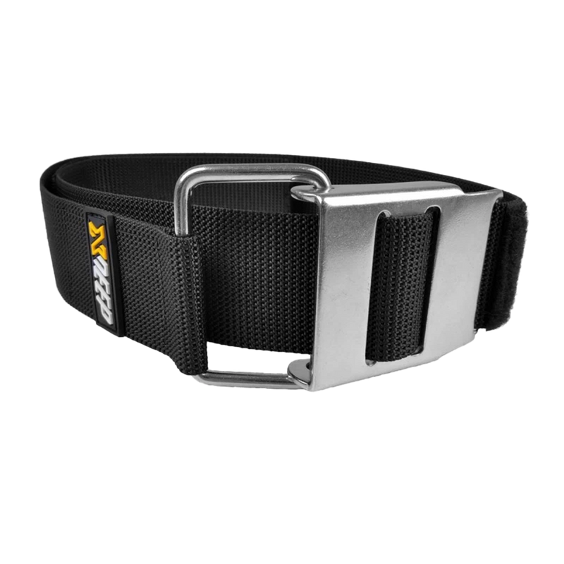 XDEEP cam band with stainless steel buckle for securing scuba tanks, side view.