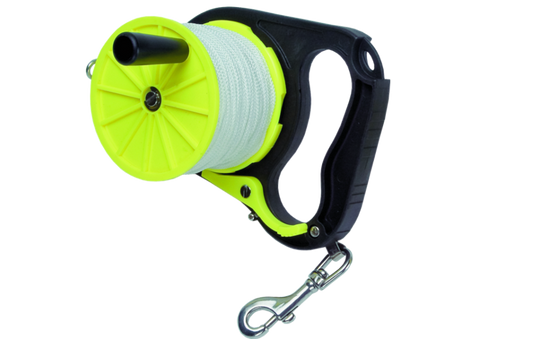 Innovate Scuba Concepts cavern reel 250ft line showing yellow spool with white line and black handle grip