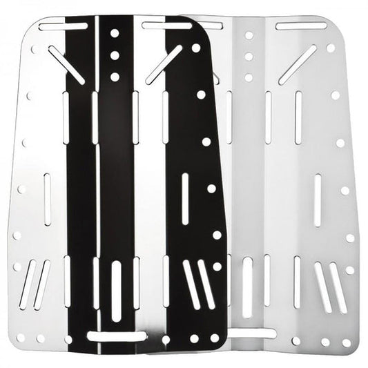 XDEEP Classic Old School Stainless Steel Backplate – rugged CNC-machined stainless plate with harness slots, polished finish, and universal hole pattern