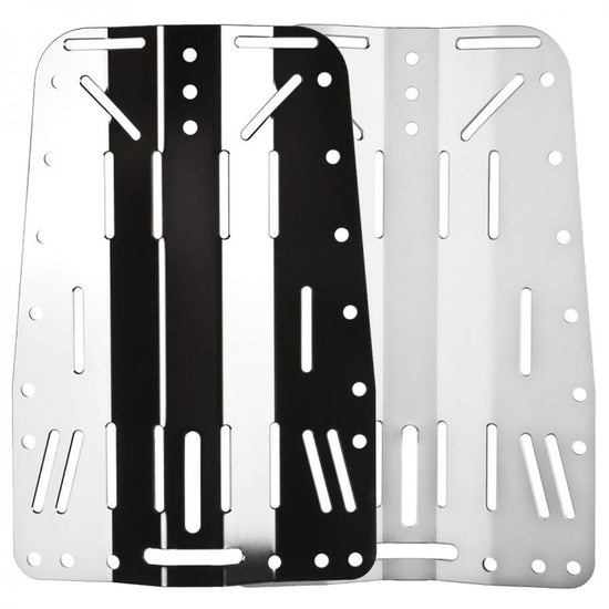 XDEEP Classic Old School Stainless Steel Backplate – rugged CNC-machined stainless plate with harness slots, polished finish, and universal hole pattern