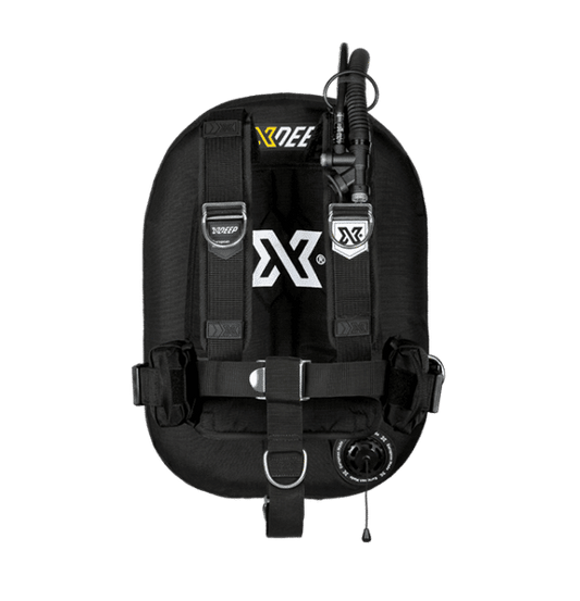 XDEEP COMFORT ZEOS Single Tank Set with aluminum backplate, wing-style BCD, continuous harness, and 3D mesh padding – front angled view
