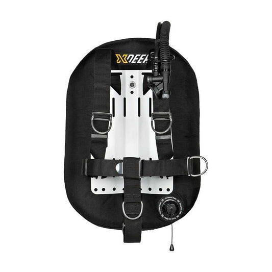 XDEEP COMFORT ZEOS Single Tank Set with stainless steel backplate, wing-style BCD, continuous harness, and 3D mesh padding – side angled view