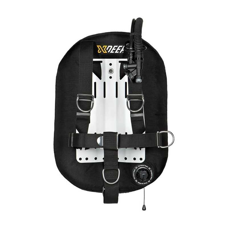 XDEEP COMFORT ZEOS Single Tank Set with stainless steel backplate, wing-style BCD, continuous harness, and 3D mesh padding – side angled view