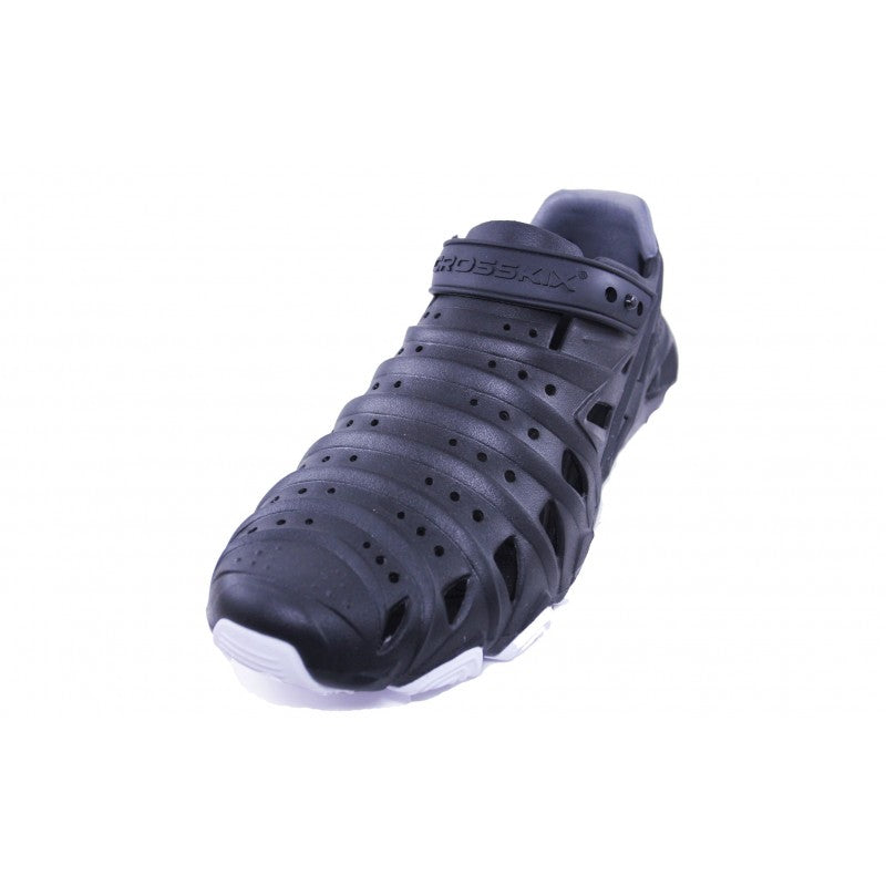 Crosskix 2.0 Knightrider dark gray clog three-quarter front angle view with velcro strap and ventilation holes