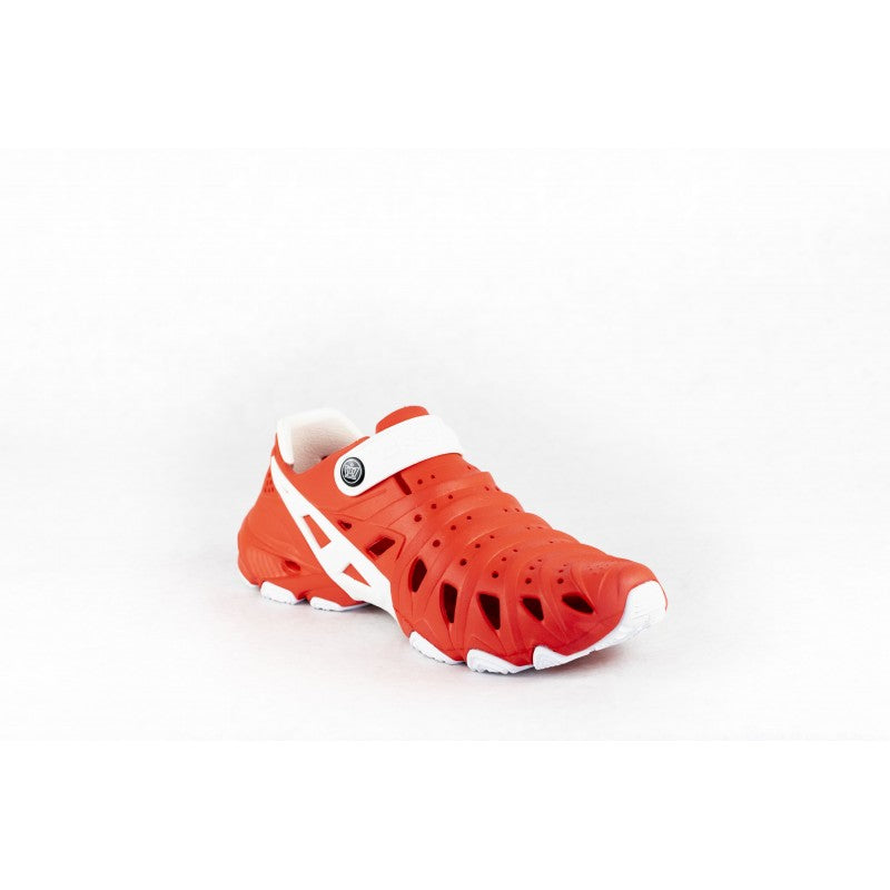 Crosskix 2.0 Mercury red water shoe with white logo stripe and heel strap, three-quarter view from rear angle