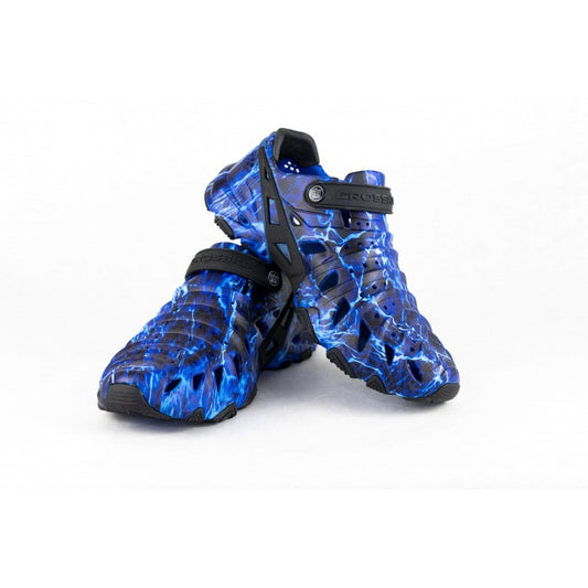 Crosskix 2.0 Agua Marlin shoes in blue Mossy Oak camouflage pattern, angled view showing pair of water shoes with adjustable heel straps