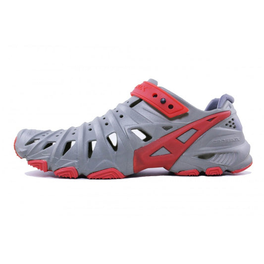 Crosskix 2.0 Red Dawn water shoe in gray and red colorway, side profile view showing ventilation holes and athletic design