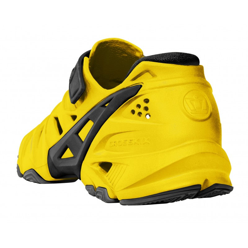 Crosskix 2.0 Yellowjacket water shoe rear three-quarter angle view highlighting yellow body with black heel support and ventilation holes