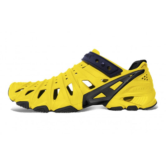 Crosskix 2.0 Yellowjacket water shoe in bright yellow with black accents, side profile view showing distinctive perforated design and athletic styling