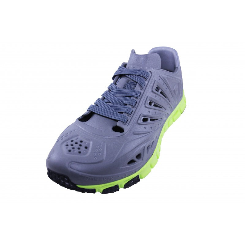 Crosskix APX Charcoal Lime athletic shoe three-quarter angle view displaying the complete gray and lime green colorway with breathable upper design