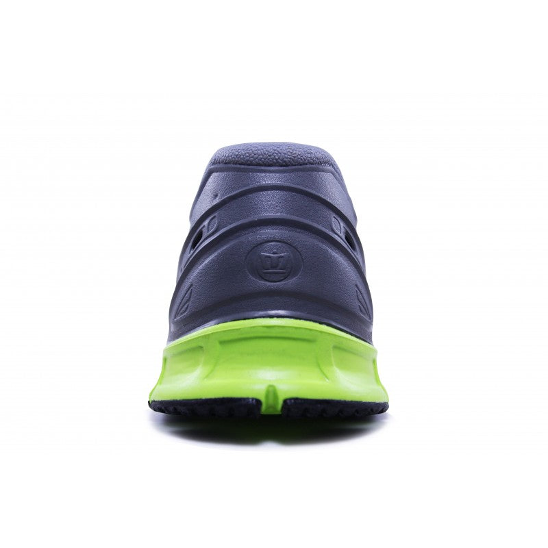 Crosskix APX Charcoal Lime shoe rear heel view showing the gray upper construction and bright green midsole with black traction elements