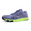 Crosskix APX Charcoal Lime running shoe angled side view displaying the gray mesh upper and lime green flexible outsole