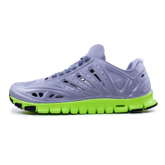 Crosskix APX Charcoal Lime athletic shoe side profile view showing gray upper with bright green sole and ventilation holes