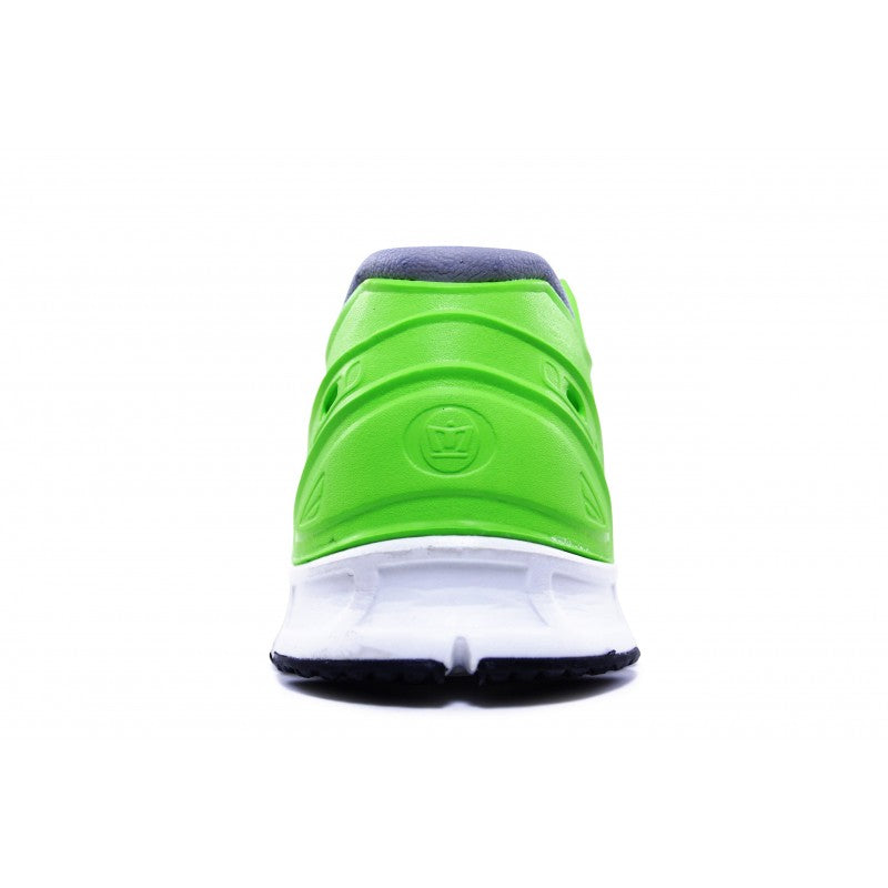 Crosskix APX Greenline electric green athletic shoe, back view showing heel counter design and white midsole