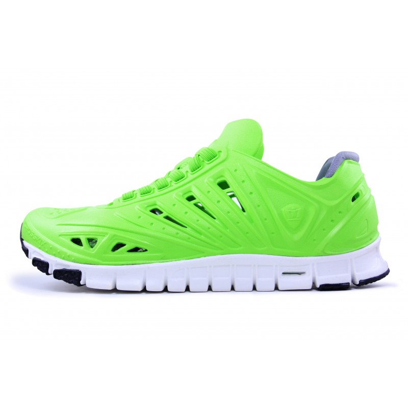 Crosskix APX Greenline bright green athletic shoe with white sole, side view showing ventilation holes and lace-up design