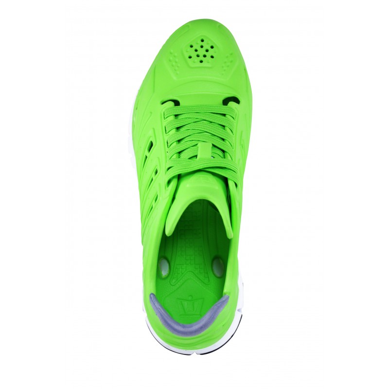 Crosskix APX Greenline bright green shoe, top-down view showing lacing system, perforated ventilation, and interior design
