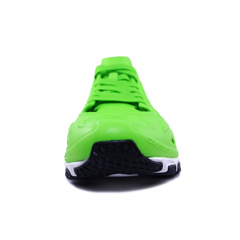 Crosskix APX Greenline vibrant green shoe, rear heel view displaying brand logo and black outsole details