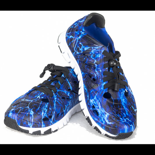 Crosskix APX Agua Marlin by Mossy Oak athletic shoes in blue lightning pattern, angled view showing pair of lightweight water-resistant sneakers with black laces and white soles