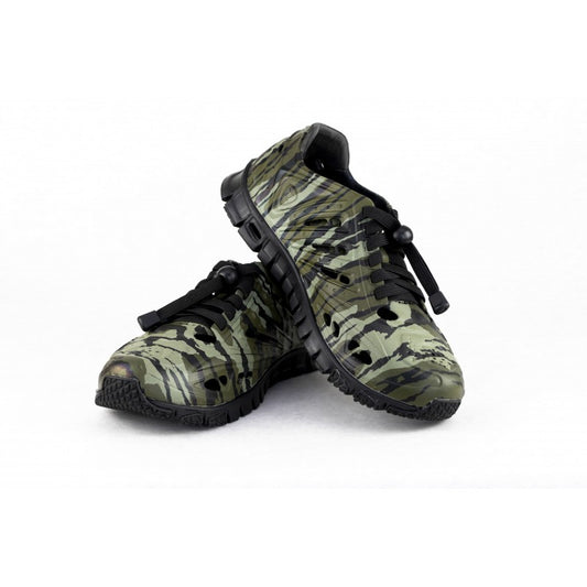 Crosskix APX Bottomlands by Mossy Oak camouflage sneakers pair viewed at an angle showing the textured camo pattern in green and brown tones with black accents