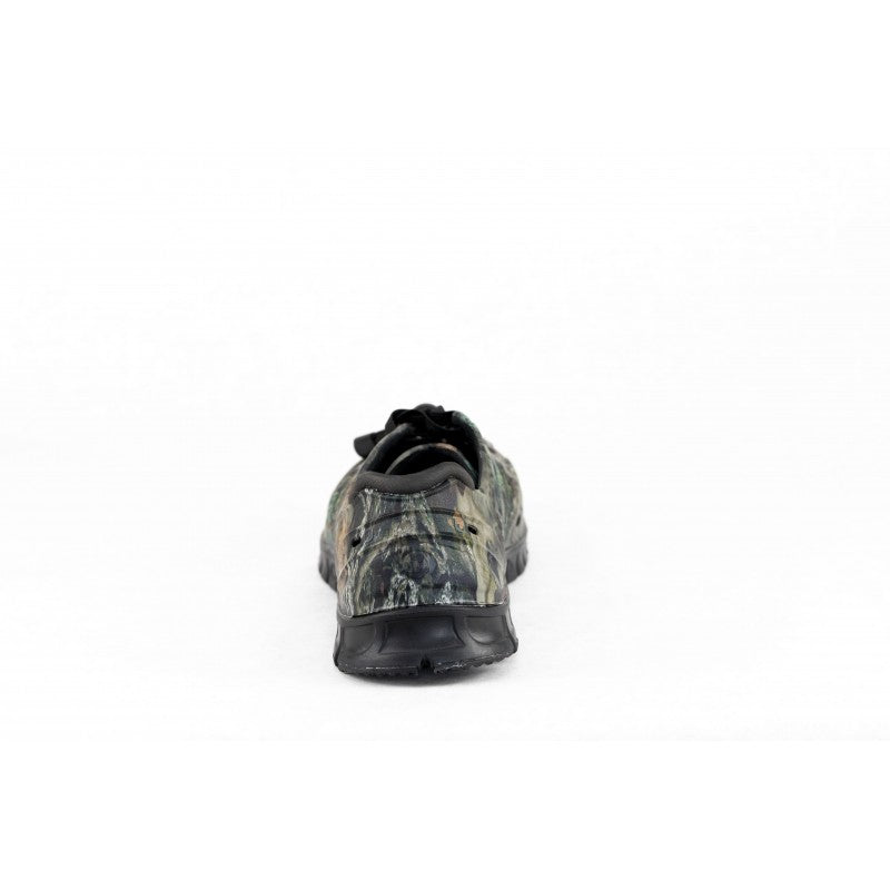 Crosskix APX Breakup Country by Mossy Oak camouflage athletic shoe rear heel view showing back construction and woodland camo detailing