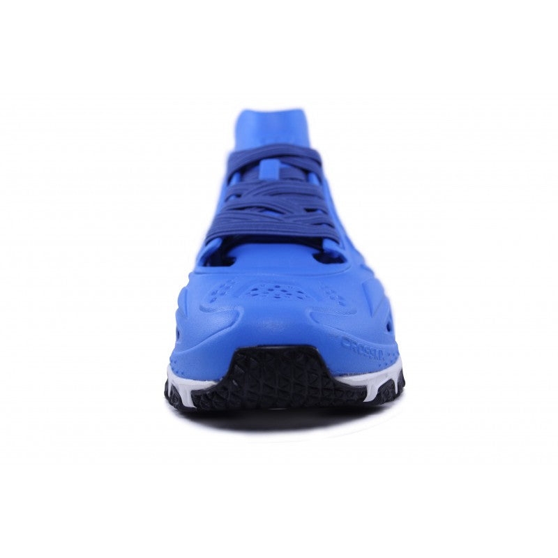 Crosskix APX Pacific Blue athletic shoe rear view showing heel construction, blue upper materials, and black and white sole pattern