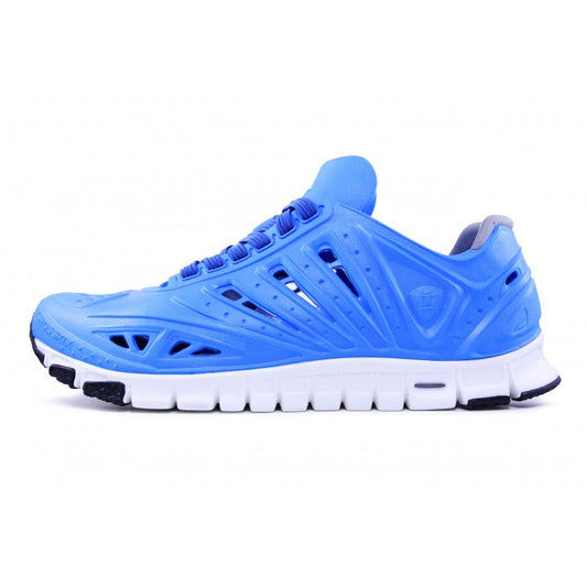 Crosskix APX Pacific Blue athletic shoe side profile view showing bright blue upper with ventilation holes and white sole with black accents
