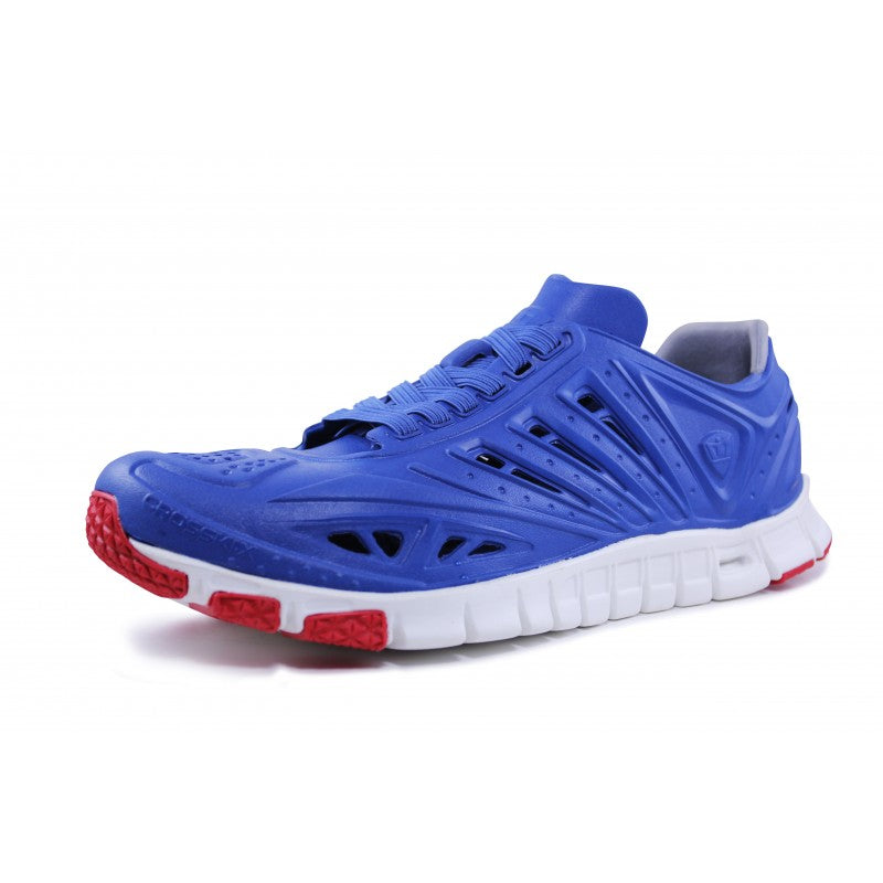 Crosskix APX Patriot blue running shoe with perforated upper and white/red sole, angled side perspective