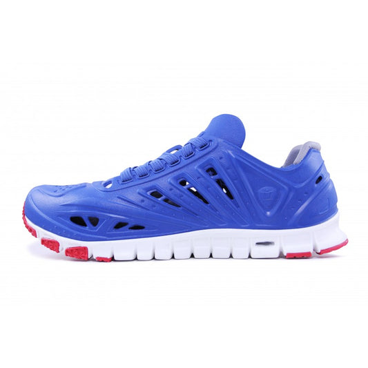 Crosskix APX Patriot blue athletic shoe with ventilation holes and red accent outsole, side view