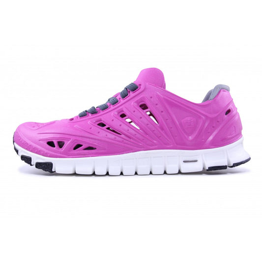 Crosskix APX Rose Azure athletic shoe in bright pink/magenta color shown from the side profile, featuring breathable ventilation holes throughout the upper, gray laces, and a white flexible sole with black accents