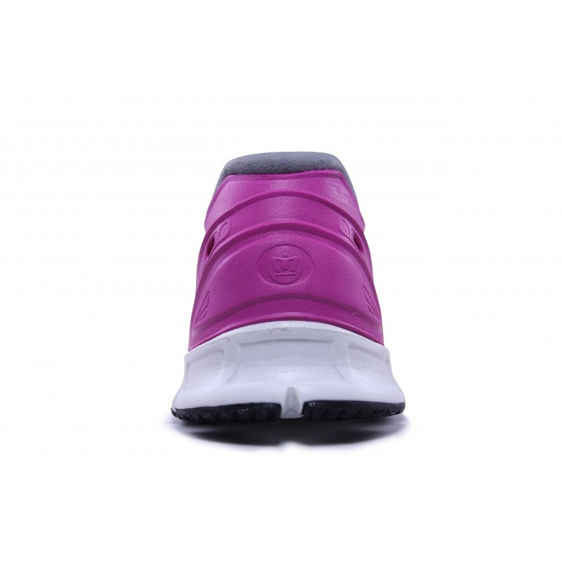 Crosskix APX Rose Azure shoe front view showing the toe box design in pink with gray collar trim, white midsole, and black outsole elements, demonstrating the shoe's forward-facing profile and construction