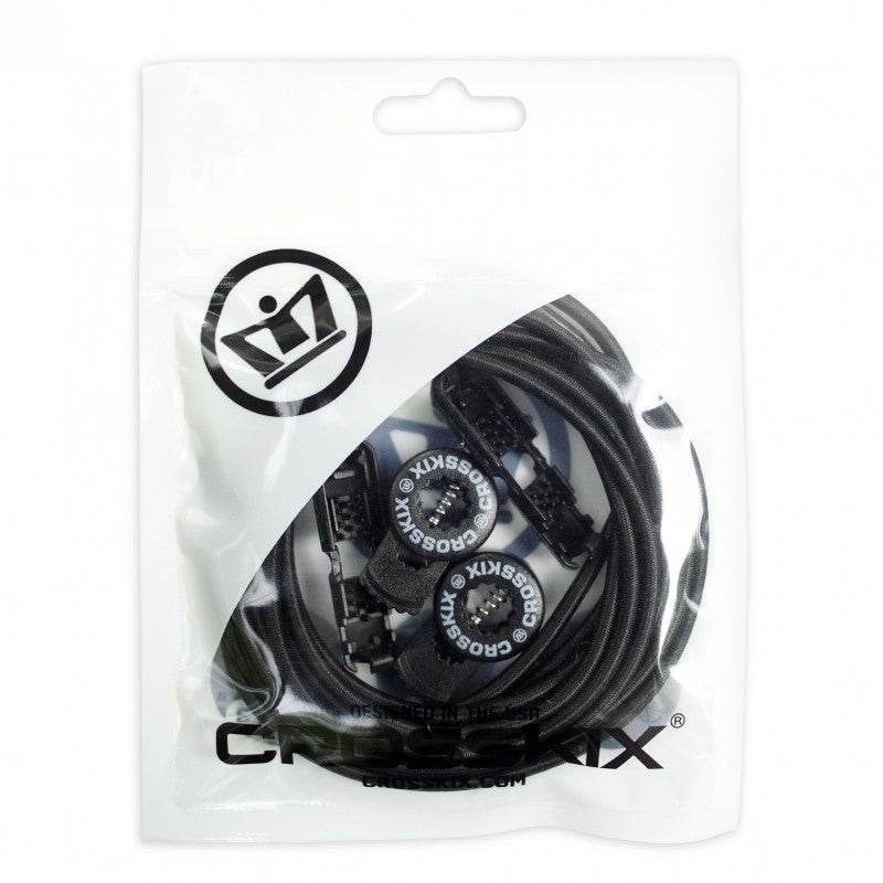 Crosskix Elasti-Laces Set packaged in clear plastic bag with Crosskix branding and logo, showing the complete black elastic lacing system inside