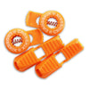 Crosskix elastic shoelace components laid out showing two orange lace clips and two circular Crosskix branded end caps with logo design