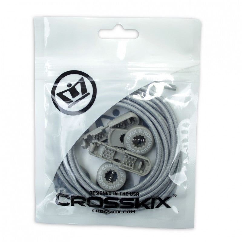 Crosskix Elasti-Laces Set packaged in clear plastic bag with Crosskix branding and logo, showing the complete grey elastic lacing system inside