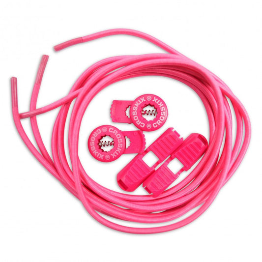 Crosskix Elasti-Laces Set in pink featuring elastic shoelaces with two circular branded end caps displaying the Crosskix logo, coiled and ready for use
