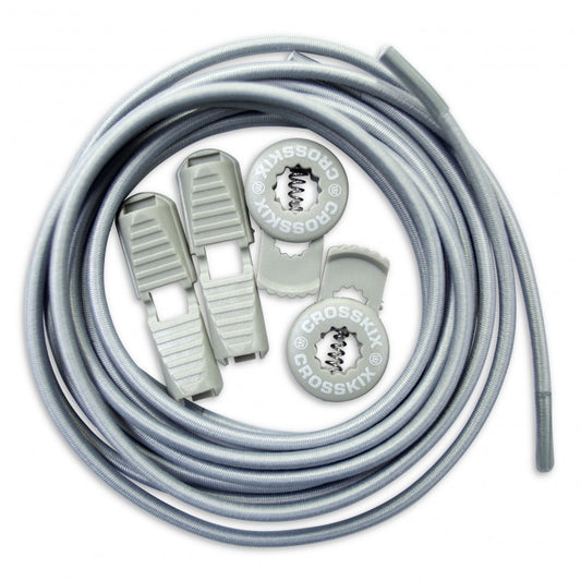Crosskix Elasti-Laces Set in grey featuring elastic shoelaces with two circular branded end caps displaying the Crosskix logo, coiled and ready for use