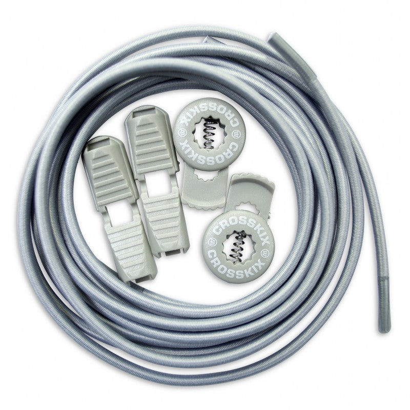 Crosskix Elasti-Laces Set in grey featuring elastic shoelaces with two circular branded end caps displaying the Crosskix logo, coiled and ready for use