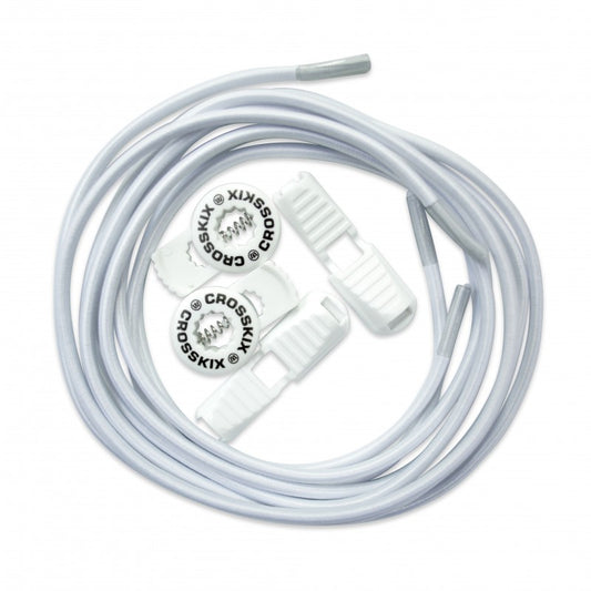 Crosskix Elasti-Laces Set in white featuring elastic shoelaces with two circular branded end caps displaying the Crosskix logo, coiled and ready for use
