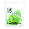 Crosskix Elasti-Laces Set packaged in clear plastic bag with Crosskix branding and logo, showing the complete green elastic lacing system inside