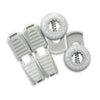 Crosskix elastic shoelace components laid out showing two grey lace clips and two circular Crosskix branded end caps with logo design