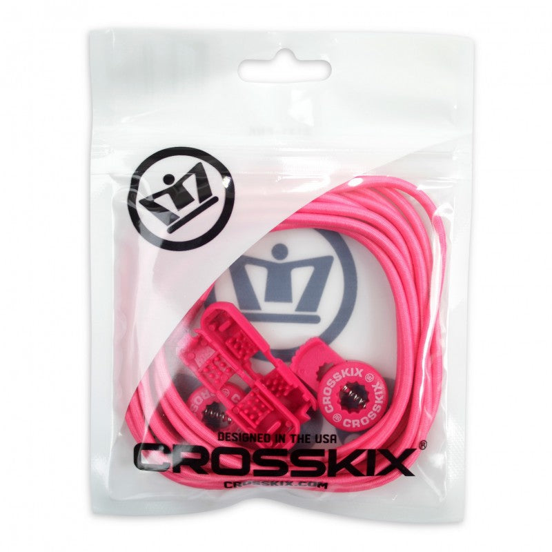 Crosskix Elasti-Laces Set packaged in clear plastic bag with Crosskix branding and logo, showing the complete pink elastic lacing system inside