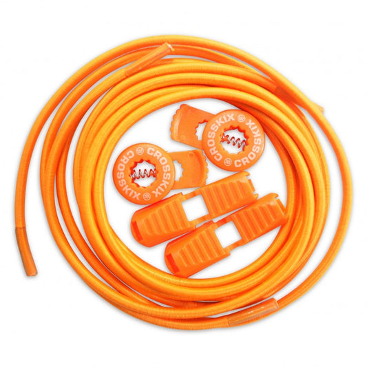 Crosskix Elasti-Laces Set in orange featuring elastic shoelaces with two circular branded end caps displaying the Crosskix logo, coiled and ready for use