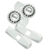 Crosskix elastic shoelace components laid out showing two white  lace clips and two circular Crosskix branded end caps with logo design