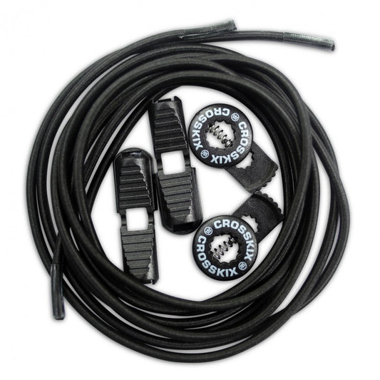 Crosskix Elasti-Laces Set in black featuring elastic shoelaces with two circular branded end caps displaying the Crosskix logo, coiled and ready for use