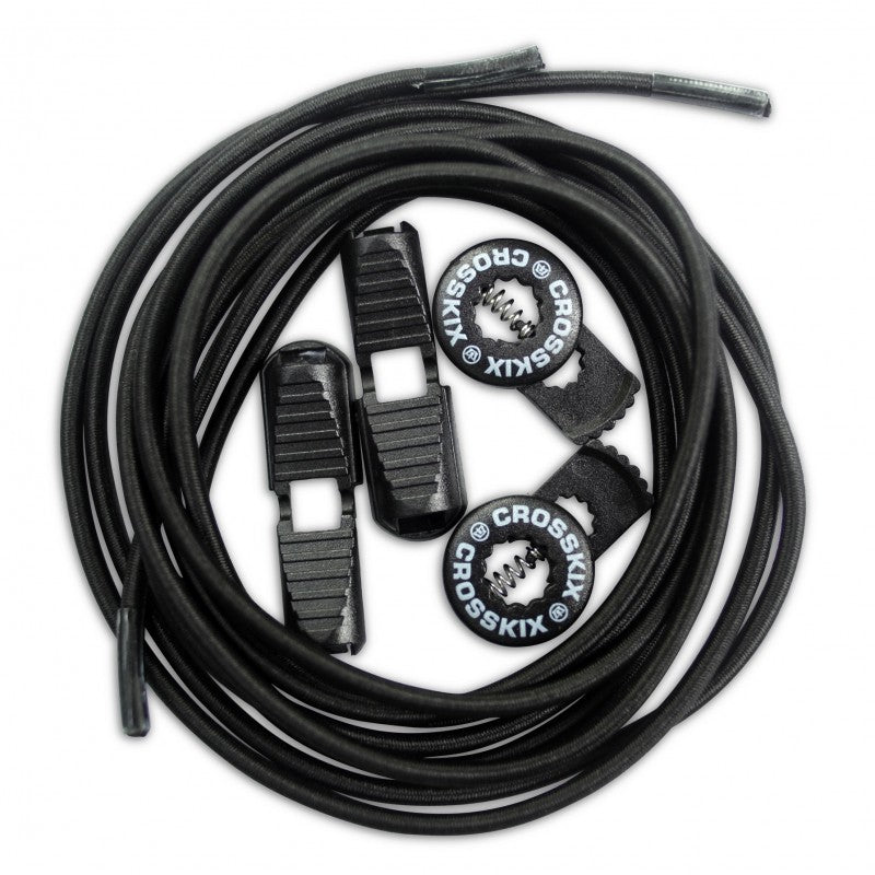 Crosskix Elasti-Laces Set in black featuring elastic shoelaces with two circular branded end caps displaying the Crosskix logo, coiled and ready for use