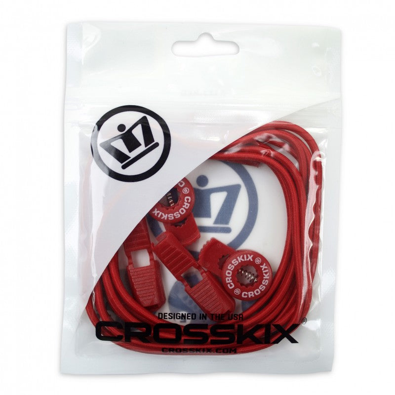 Crosskix Elasti-Laces Set packaged in clear plastic bag with Crosskix branding and logo, showing the complete red  elastic lacing system inside