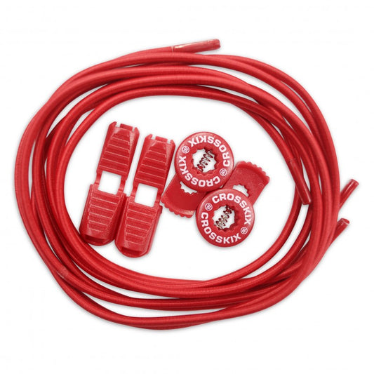 Crosskix Elasti-Laces Set in red featuring elastic shoelaces with two circular branded end caps displaying the Crosskix logo, coiled and ready for use