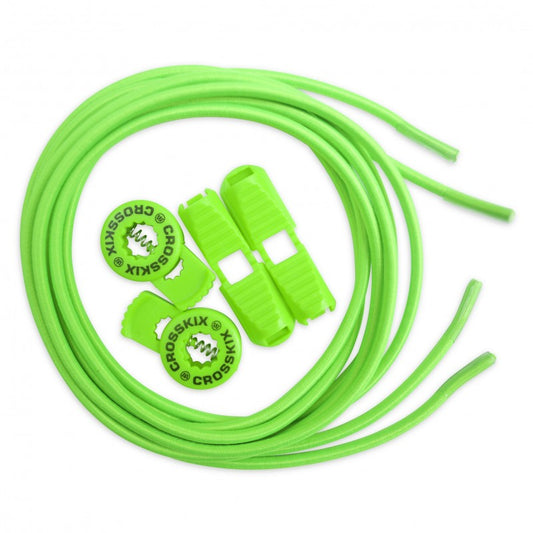 Crosskix Elasti-Laces Set in green featuring elastic shoelaces with two circular branded end caps displaying the Crosskix logo, coiled and ready for use