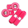 Crosskix elastic shoelace components laid out showing two pink lace clips and two circular Crosskix branded end caps with logo design