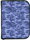 Digital blue camouflage scuba diving log book cover with pixelated navy-style camo pattern